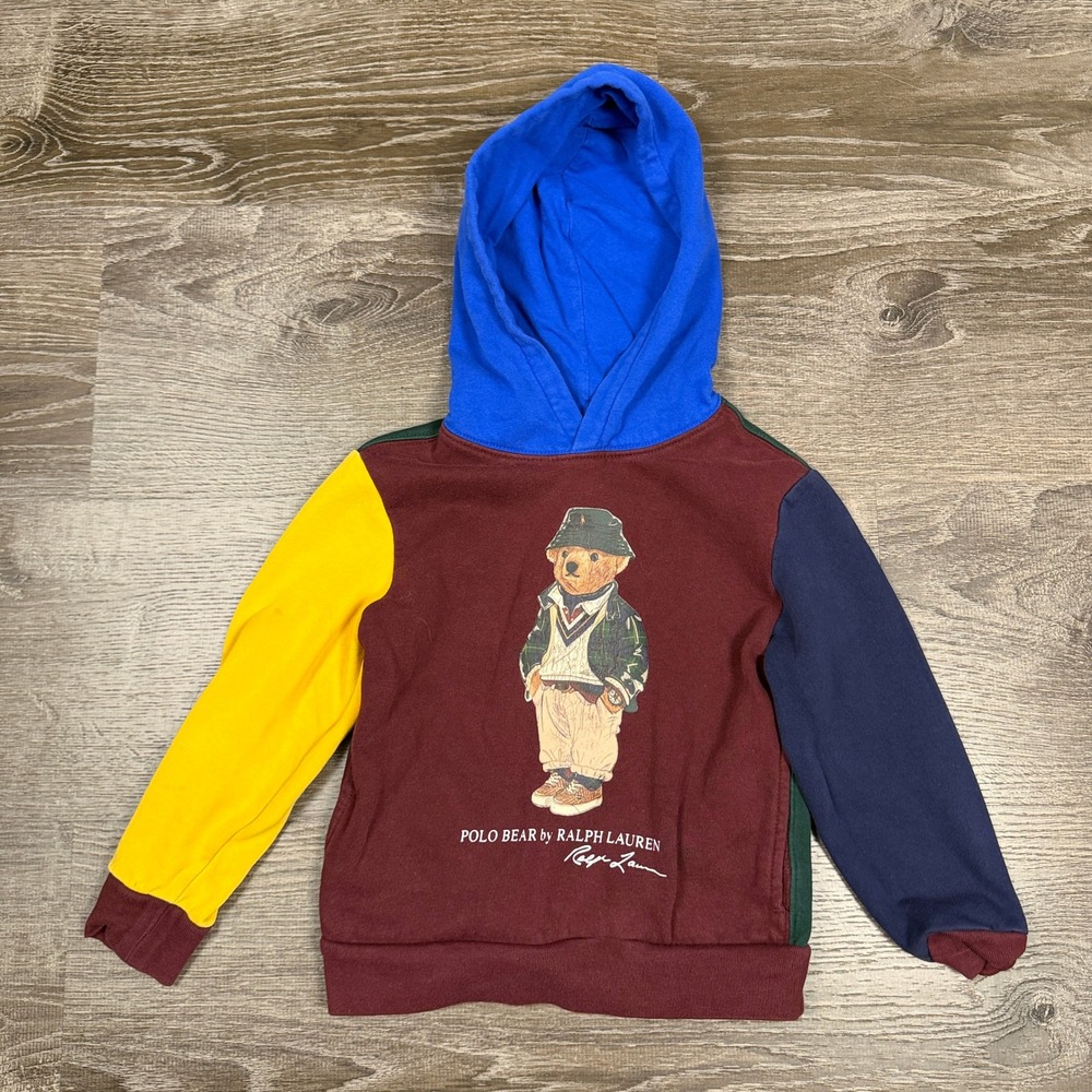 Polo Ralph Lauren Polo Bear Hoodie Kids Size 5 Multicolor Colorblock Read!
